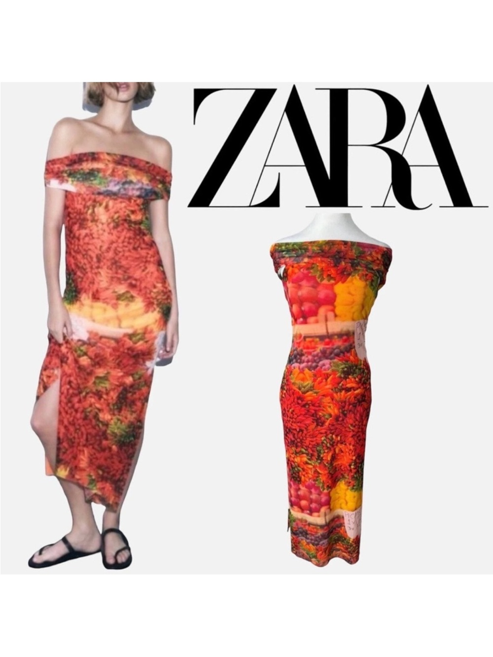 Zara Off-Shoulder Midi Dress in Red, Orange and Yellow Print